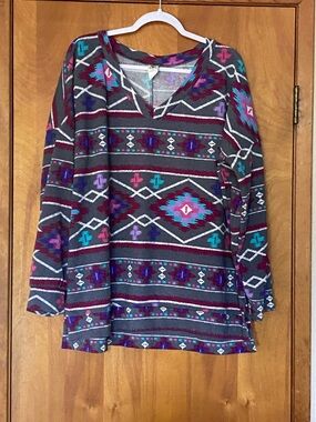 Sew In Love Charcoal V-Neck Aztec Sweatshirt with Teal & Magenta Accents